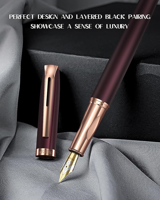 BOCIYER Samurai Fountain Pen Gift Set — Medium + Calligraphy Nibs, 8 Cartridges, Dark Red