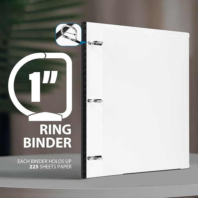 WOT I 1 Inch Telescoping 3 Ring Binder 4 Pack, Expandable Flexible Binder with Customizable Front Cover & Clear Catalog Pocket, Holds 225 Sheets, School Office Supplies, Black+White