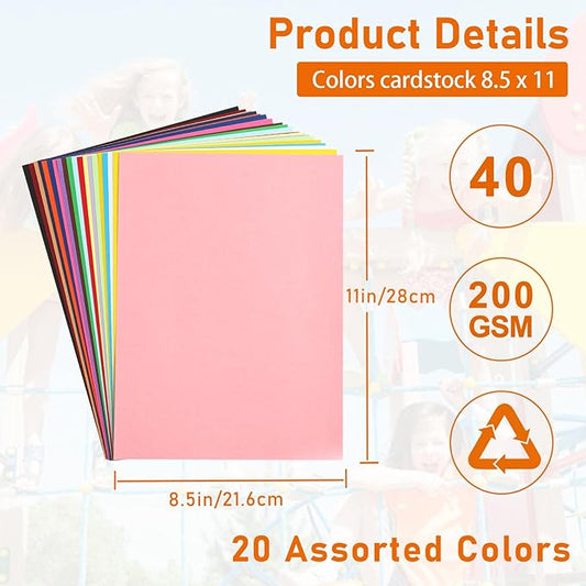 Guakicae 40 Sheets Colored Cardstock 8.5 x 11 Craft Paper, 20 Assorted Colors 75lb Thick Construction Paper Card Stock for DIY Making Cards, Wedding Invitations, School, Memus, Birthday Decorations
