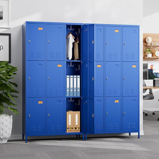 SUPEER 9 Doors Metal Locker for Employees with 27 Hooks and Business Card Holder,Metal Locker with Ventilation Holes for School Garage Office Gym Home,Assembly Required,Blue