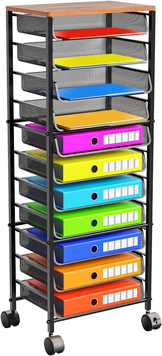 Simple Trending 12 Tier Rolling File Cart,Wood Desk File Organizer with Sliding Trays and Wetal Mesh Paper Letter Storage Multi-Functional Rolling Clutter Cart for Office, Home, School, Black