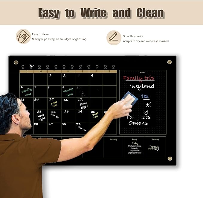 Black Glass 3-1 Monthly Dry Erase Calendar Whiteboard for Wall,24"x 36",Frameless Mounting,Office/School/Home, Frameless Large Planner White Board