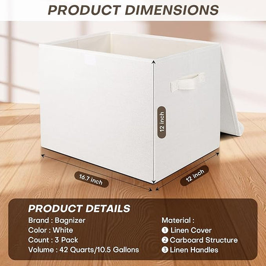 Bagnizer Large 17" 42 Quarts Collapsible Stackable Storage Bins with Lids [3-Pack] Foldable Fabric Linen Storage Boxes Cube, Closet Organizer Baskets with Label (16.7 x 12 x 12, White)
