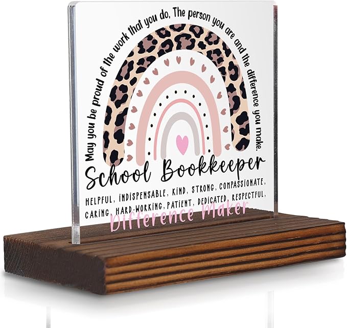 School Bookkeeper Appreciation Gift, Leopard Rainbow Desk Decor Sign, Difference Maker Recognition Plaque PA092