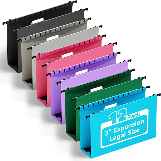 ANSOOK Legal Size Hanging File Folders Extra Capacity,Heavy Duty 3 Inch Expandable File Folders Hanging with Tabs,12 Pack Hanging File Organizer,File Cabinet Folders with Insertable Tabs for School