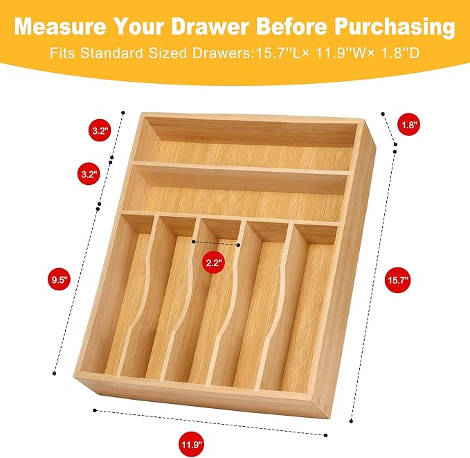 oridom Kitchen Bamboo Silverware Organizer, Kitchen Drawer Organizer - Utensil Holder and Cutlery Tray with Grooved Drawer Dividers for Flatware 7 Slot, Natural