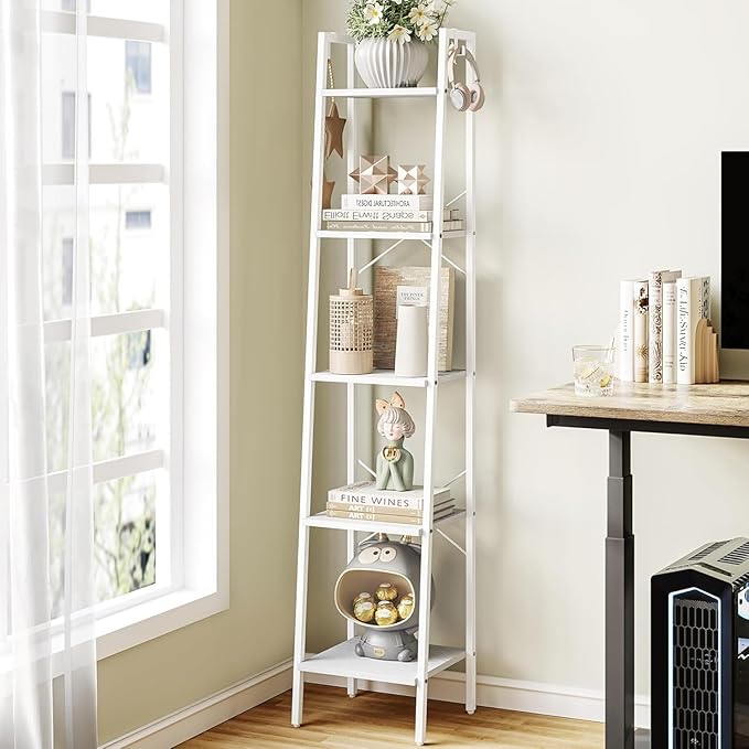 Hzuaneri Ladder Shelf, Bookshelf Bookcase, Freestanding Corner Storage Shelve with 2 Hooks for Home Office, Living Room, Kitchen, Bedroom, Industrial, 5-Tier White BC03213W