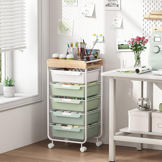 Rolling Storage Utility Cart With 5 Drawers,Craft Cart with Wheels,Makeup Organizer,Art Supply And Storage Wooden Tabletop,Green