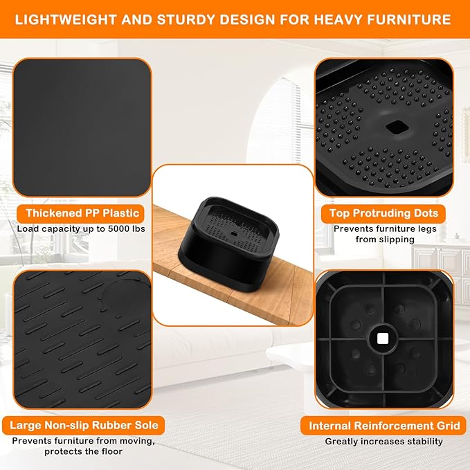 shouwuhho 32 Pack Furniture Risers Adjustable Bed Risers Heavy Duty Lifts Height 1", Square Stackable Bed Risers 1, 2 or 3 Inch for Desk Leg Table Couch Sofa Chair Bed Frame Legs Dorm, Black