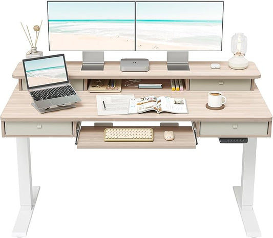 FEZIBO 55'' x 24" Height Adjustable Electric Standing Desk with 4 Drawers and Keyboard Tray, Home Office Table for Work, Study, Gaming, Writing, Light Walnut