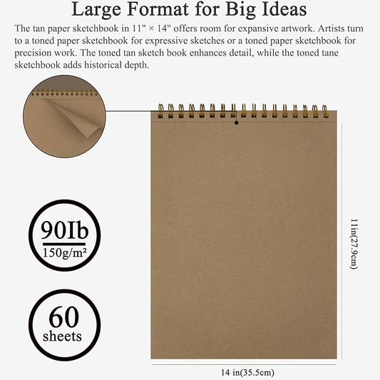 Fuxi Toned Tan Sketchbook 11x14 Inch, 60 Sheets, Spiral Bound - Hard Cover, Acid-Free Drawing Paper Pad for Artists, Drawing, Illustration & Art Students.