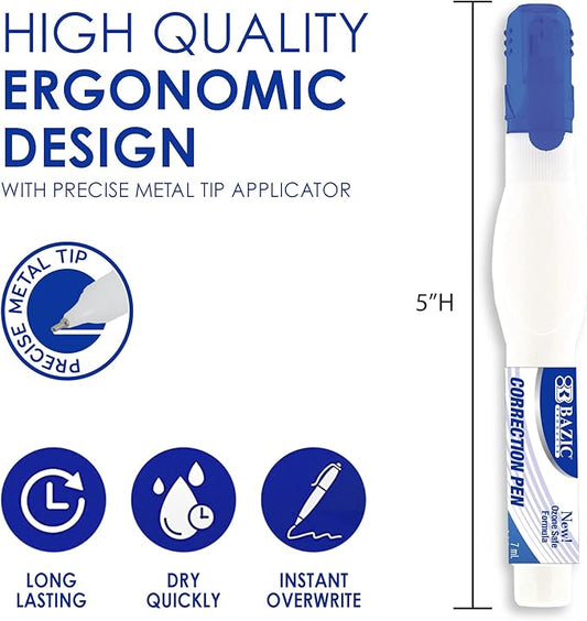 BAZIC Products Correction Pen - Corrections Fluid, Precise Metal Tip White Out, Ideal for School & Office Supplies, Alternative to Correction Solution, 2/Pack, 2-Packs