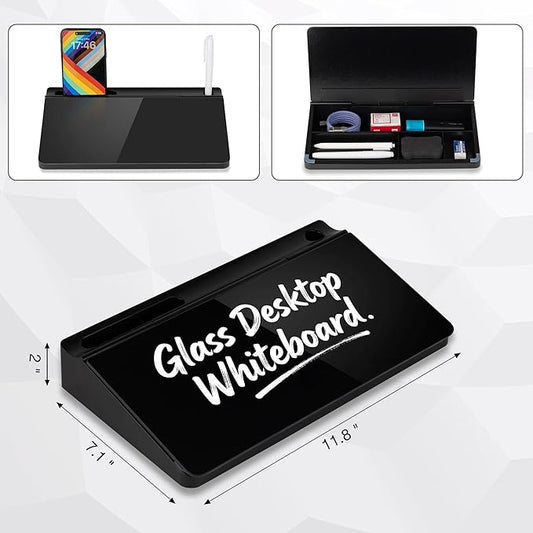 Small Glass Desktop Whiteboard 11.8×7”, Dry Erase Note Memo Board, Desk Organizer with Storage for Desk, Office, School Supplies, Black, 2026