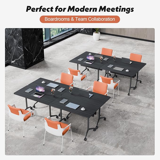 Goakwwuz Conference Room Table, Folding Conference Tables,Thicken Grey Tabletop,Flip Top Wooden Seminar Meeting Room Table for Conference Room Offices (4, BlackWoodGrain, 70.8”)