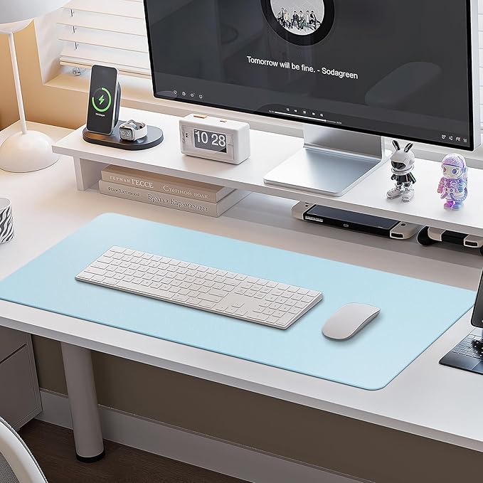 Boutilon Leather Desk Pad 30" x14",Non-Slip Mouse Pad,Office Desk Mat,Waterprooft PU Leather Desk Blotter,Desk Pad Protector,Desk Writing Pad for Home Office Decor (M-Light Blue)