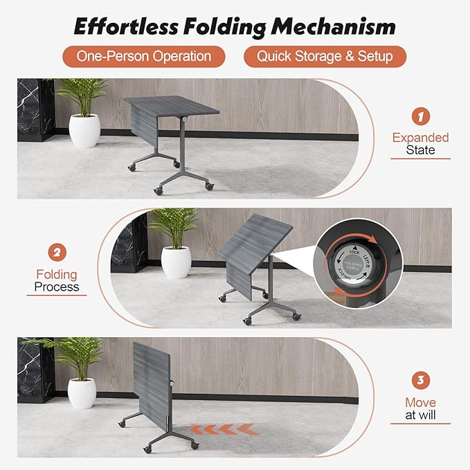 Goakwwuz Conference Room Table, Folding Conference Tables,Thicken Grey Tabletop,Flip Top Wooden Seminar Meeting Room Table for Conference Room Offices (10, BlackWoodGrain, 47.2“)