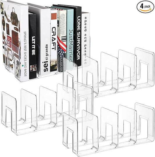 Lemecima 4 Pack Acrylic File Sorter, 4-Section Clear Desktop File Folder Holder Organizer, Thick Office Storage Stand Rack for Book, Envelopes, Mail, Document, Notebook, Binder, Purse, Clutch Divider