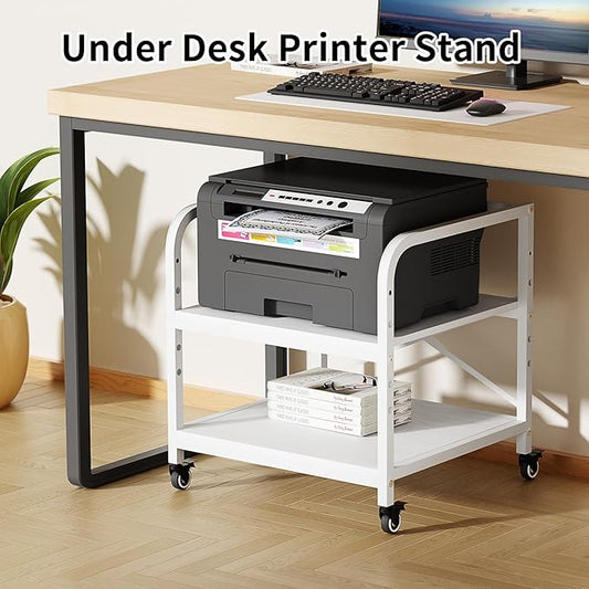 Vokumba 20 Inches Large White Printer Stand, 2-Tier Under Desk Printer Table with Height Adjustable Shelf, Rolling Printer Cart with Industrial Wheels for Home Office (White)