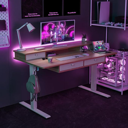 FiCiHi Adjustable Height Standing Desk with 4 Drawers,55 x 30 inches Electric Sit Stand Home Office Desk with Two Tiers, 3 Memory Presets, Monitor Stand Riser, USB A/C Charging Port
