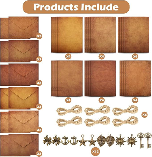 Stationary Paper and Envelopes,Letter Writing Stationery Set,Includes Vintage Papers,Vintage Envelopes,Retro Accessories,Ropes(60 Pieces)