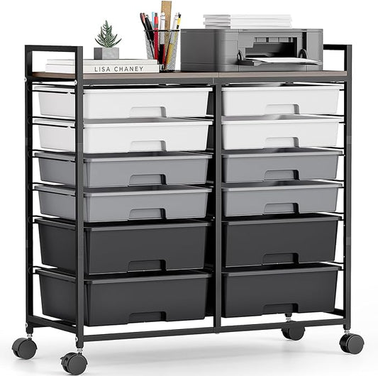 Rolling Storage Cart with 12 Drawers, Wooden Tabletop Utility Cart for Craft Storage, Art Supply Storage & Home Office Organization, Teacher Cart with Wheels for Classroom Organization, School (Grey)