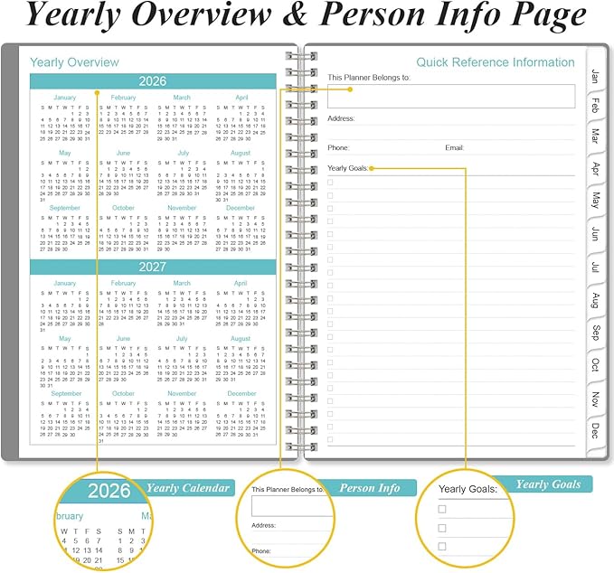 2026 Planner - Planner 2026 from January 2026 - December 2026, Weekly & Monthly Planner Spiral Bound with 12 Monthly Tabs, Inner Pocket, 6.4" x 8.5", Grey-E