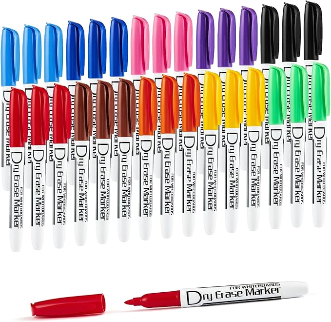Volcanics Dry Erase Markers — Fine Tip, Low-Odor, 30 Count, 10 Colors