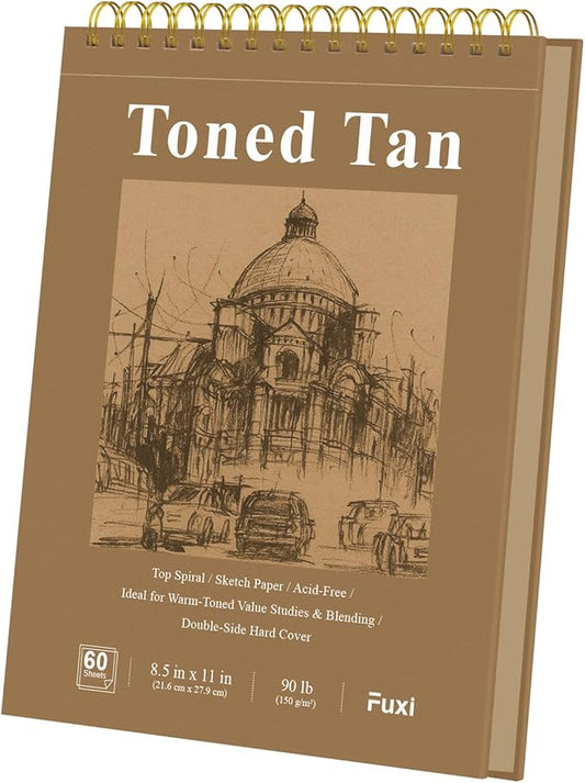 Fuxi Toned Tan Sketchbook 8.5x11, 60 Sheets Acid- Free Tan Paper, Spiral Bound Sketch Book, Hardcover | Ideal for Artists, Students & Classrooms.