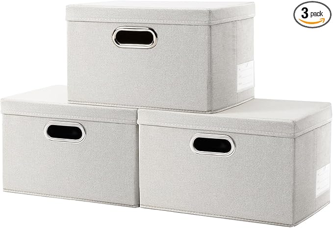 PRANDOM Storage Bins with Lids [3-Pack] Linen Fabric Foldable Storage... (Beig..
