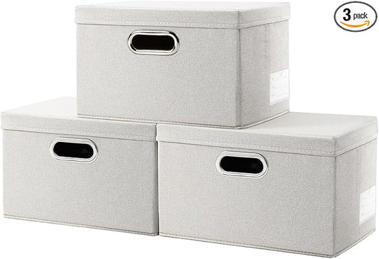 PRANDOM Storage Bins with Lids [3-Pack] Linen Fabric Foldable Storage... (Beig..