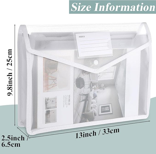 10 Pieces Plastic File Folders Envelope Expanding File Wallet Organizer Documents Folder with Snap Closure and Pocket, A4 Size Waterproof Transparent Pouch(White,Horizontal)
