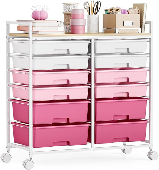 Rolling Storage Cart with 12 Drawers, Wooden Tabletop Utility Cart for Craft Storage, Art Supply Storage & Home Office Organization, Teacher Cart with Wheels for Classroom Organization, School