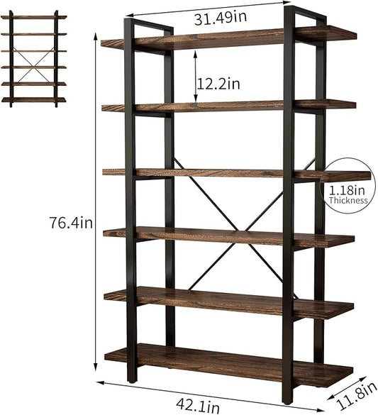 AY-AOYUAN Solid Wood Bookcase and Book Shelves Wood and Metal Shelving Unit 6 Tier Bookshelf Modern Rustic Open Bookshelf Office,Distressed Brown (AY-02-6Tier)