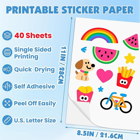40 Sheets Glossy Sticker Paper, 8.5in x 11in Sticker Paper for Inkjet Printer, Self-adhesive Printable Sticker Papers, Vibrant Colors, Dries Quickly, US Letter Size