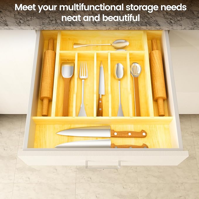 Evjocoh Silverware Drawer Organizer Wood with Adjustable Partition for Kitchen Utensil Cutlery Flatware Cabinet Storage Compartment Tray Insert with Dividers (19.2" W x 19.5" D x 2.5" H)
