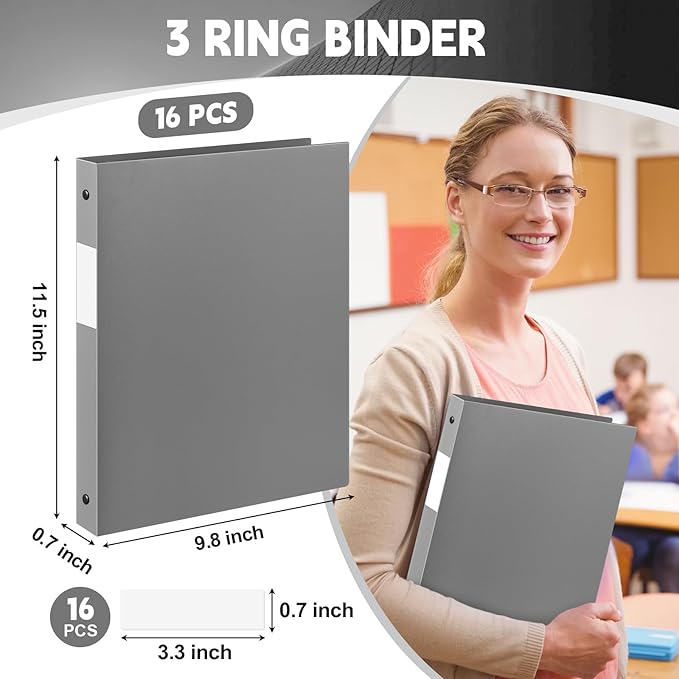 Henoyso 16 Pcs 3 Ring Binder 0.5 Inch Round Fits Letter Size 8.5'' x 11'' Paper Plastic Flexible Binder Bulk Holds 140 Sheets with 1 Pockets Versatile Organizer for Home Office School (Gray)