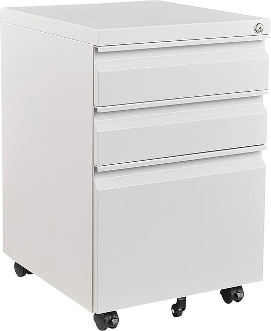 Fesbos 3 Drawer Mobile Metal File Cabinet, White Filling Cabinets with Lock, Pre-Built Office Storage File Cabinet with Wheels Under Desk - Assembled Required