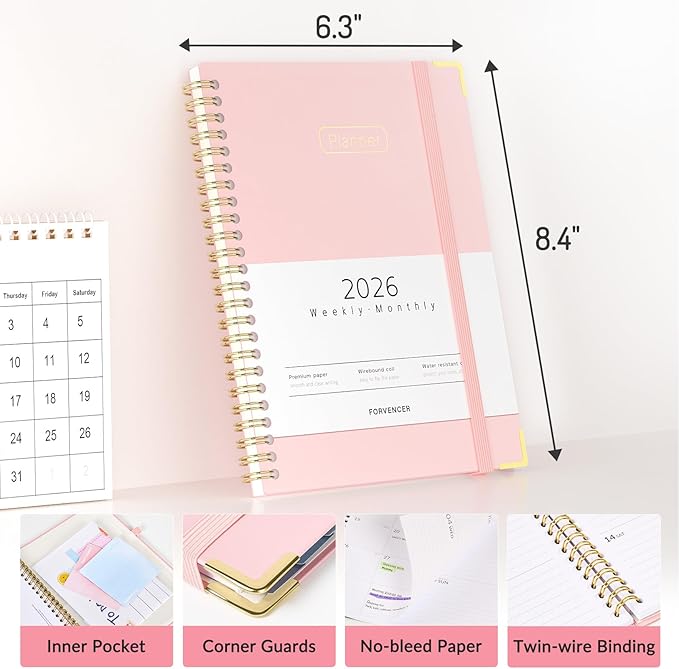 Forvencer 2026 Planner, Hardcover Calendar Planner Weekly and Monthly, Jan 2026 - Dec 2026, 6" x 8", Spiral Agenda Book with Tabs, Exquisite Daily Journal Organizer for Home School, Teal Marble
