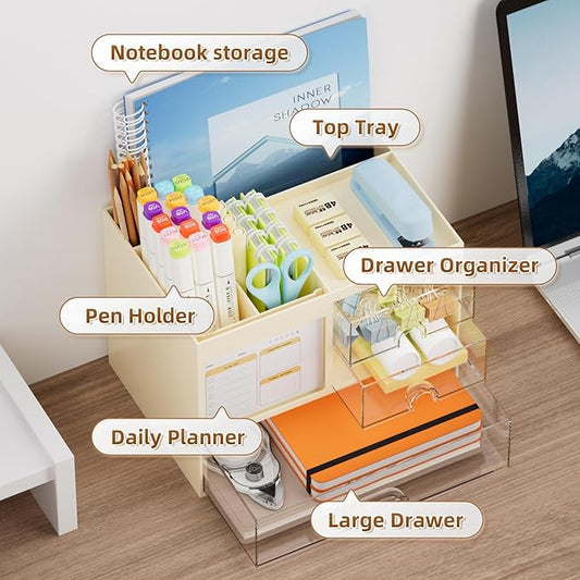 Marbrasse Desk Organizer with 3 Drawer, Multi-Functional Pencil Pen Holder for Desk, Desktop Organizer Storage for Office Home Art Supplies (Beige)
