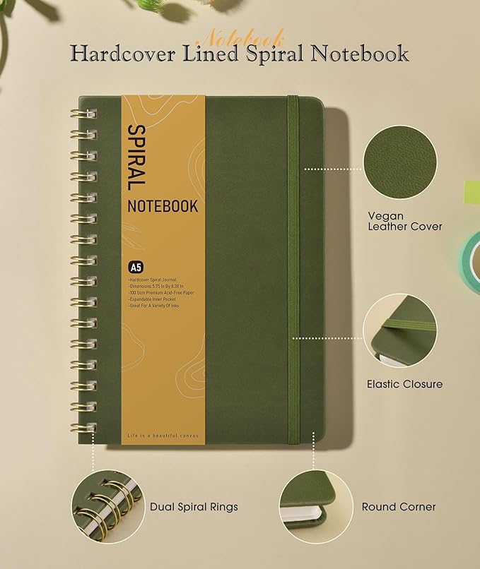 Office Prime Graph Spiral Notebook — A5, 5.75×8.38 in, 150 Pages, Olive Green