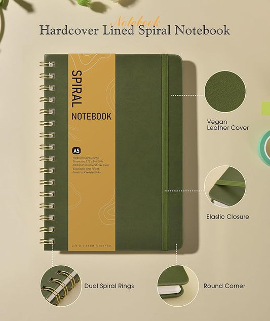 Office Prime Graph Spiral Notebook — A5, 5.75×8.38 in, 150 Pages, Olive Green