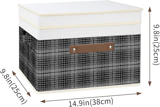 TYEERS Collapsible Storage Bins with Lids, Patchwork Design, Washable, Fabric Storage Boxes, 14.9x9.8x9.8 inches, 3 Pack, Black