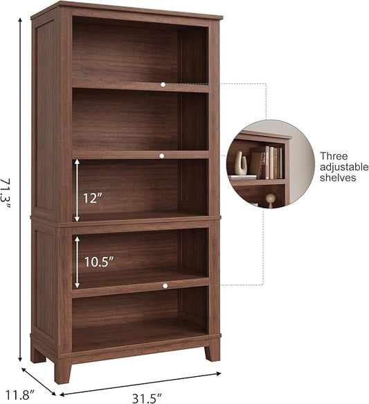 IDEALHOUSE 71" Farmhouse Bookshelf w/Adjustable Shelves & 31.5 in Whidth, 5 Tier Tall Bookcase with Wood Legs, Rustic Wooedn Book Shelf for Living Room Office (Brown, 71.3" H x 15.7" W x 11.8" D)