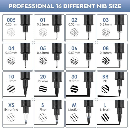 YISAN Black Drawing Art Pens,Micro Fineliner Manga Pens,Calligraphy Pens for Sketching Technical Drawing,16 set 70351