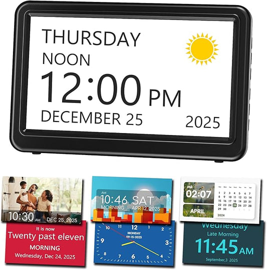 Mesqool Dementia Clock for Seniors -7" Large HD Display with Day and Date, 20 Alarms and 20 Reminders, Auto DST, 18 Ringtones, Plug-in Electric Calendar Clock for Alzheimer’s & Memory Loss Care