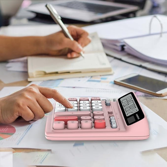 Desktop Calculator with Extra Large 5-Inch LCD Display, 12-Digit Two Way Power Solar & Battery Office Calculator with Big Buttons for Business, Accounting & Home Use(Pink)