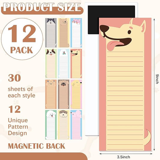 Gersoniel 12 Packs Magnetic Notepads for Refrigerator Monthly Grocery Magnetic List Set to Do List Pads Back Memo Notepad 9 x 3.5 Inches for Fridge Kitchen Shopping Grocery(Vivid Color,Dog)