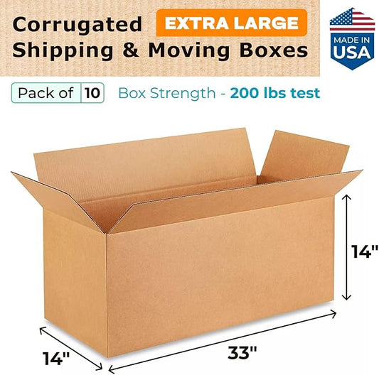 IDL Packaging - B-331414-10 Large Corrugated Moving Boxes 33"L x 14”W x 14"H (Pack of 10) - Excellent Choice of Strong Packing Boxes for Moving or Relocating