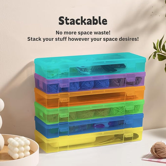 novelinks Stackable Plastic Clear Storage Box Containers with Latching Lid - Art Craft Supply Organizer Storage Containers for Pencil Box, Crayon, Beads, Jewelry (6 Pack Large -Color)