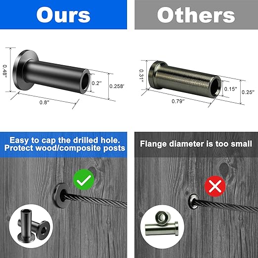 BLIKA 40 Pack Black Stainless Steel Protector Sleeves for 1/8" 5/32" or 3/16" Deck Cable Railing, for Wood/Composite Posts, T316 Marine Grade, Black Cable Railing Protector Sleeves